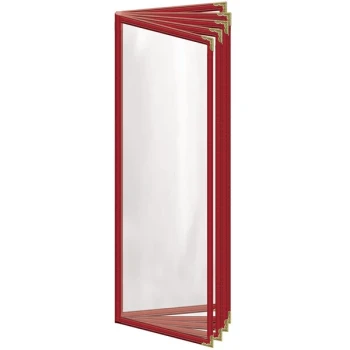 H. Risch, Inc. TE-10V Deluxe Sewn 4 1/4" x 14" Red 10 View Vinyl Menu Cover with Gold Decorative Corners and Gloss Finish