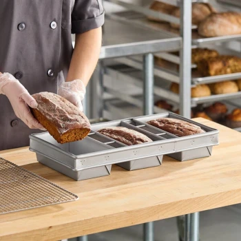 Baker's Lane 1 lb. 3-Strap Glazed Aluminized Steel Bread Loaf Pan - 8 1/2 inch x 4 1/2 inch x 2 3/4 inch