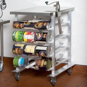 Regency Half Size Mobile Aluminum Can Rack for #10 and #5 Cans with Stainless Steel Top and Heavy Duty Can Opener