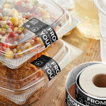 Choice TamperSafe 1" x 3" From Our Kitchen To Yours Black Paper Tamper-Evident Label - 250/Roll