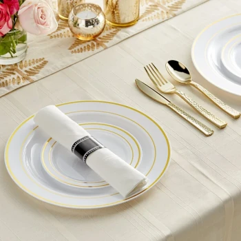 Visions 120 Settings of Gold Banded Plastic Dinnerware and Rolled Hammered Flatware - 120/Case