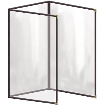 H. Risch, Inc. TET Deluxe Sewn 8 1/2" x 14" Brown 6 View Foldout Vinyl Menu Cover With Gold Decorative Corners and Gloss Finish