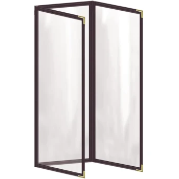 H. Risch, Inc. TET Deluxe Sewn 4 1/4" x 14" Brown 6 View Foldout Vinyl Menu Cover With Gold Smooth Corners and Gloss Finish