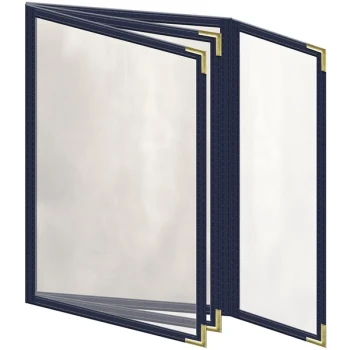 H. Risch, Inc. TETBQ Deluxe Sewn 5 1/2" x 8 1/2" Blue 8 View Vinyl Menu Cover with Gold Smooth Corners and Gloss Finish