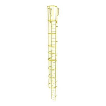 Tri-Arc 29-Rung Yellow Steel Fixed Ladder with Safety Cage and Walk-Thru Guardrails WLFC1229-Y - 350 lb. Capacity