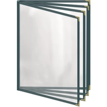 H. Risch, Inc. TEDD Deluxe Sewn 8 1/2" x 11" Green 8 View Menu Cover with Gold Decorative Corners and Gloss Finish
