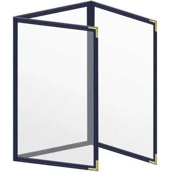 H. Risch, Inc. TET Deluxe Sewn 5 1/2" x 8 1/2" Blue 6 View Foldout Vinyl Menu Cover With Gold Smooth Corners and Matte Finish