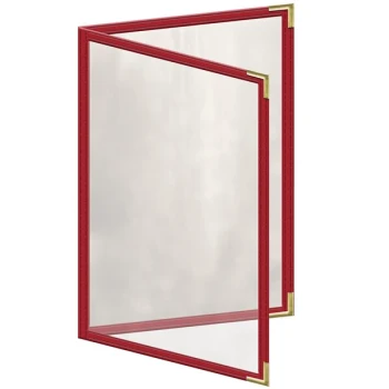 H. Risch, Inc. TED Deluxe Sewn 5 1/2" x 8 1/2" Red 4 View Menu Cover with Gold Smooth Corners and Gloss Finish
