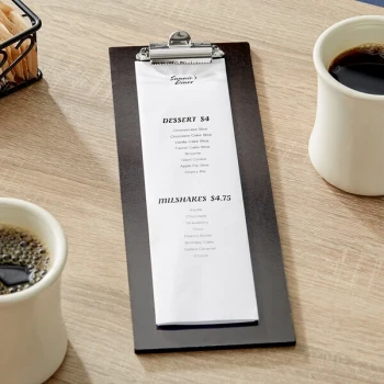 Choice 4 1/2" x 12 1/2" Customizable Dark Wood Color Menu Holder / Presenter with Clip
