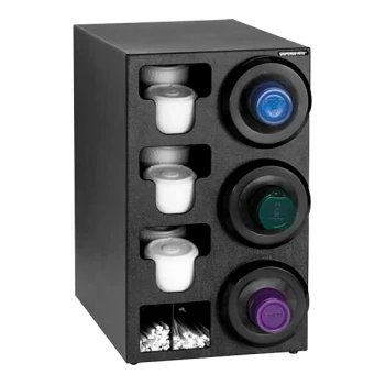 Dispense-Rite Black Polystyrene One-Size-Fits-All 3-Compartment Right Side Countertop Cup Dispenser with Built-In Lid and Straw Organizer SLR-C-3RBT