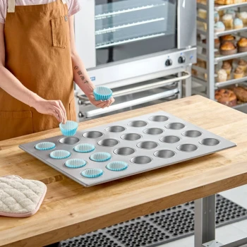 Baker's Lane 24 Cup 3.8 oz. Glazed Aluminized Steel Muffin / Cupcake Pan - 26 inch x 18 inch