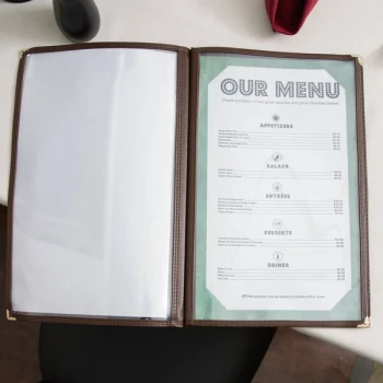 Thunder Group 8 1/2" x 14" Tall Four Pocket Menu Cover - Brown