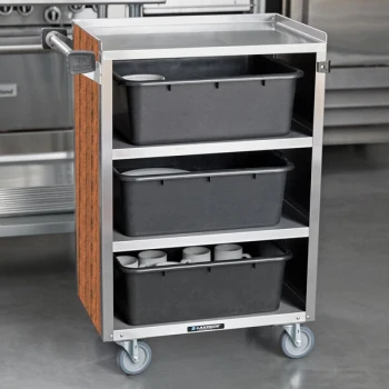 Lakeside 815VC 4 Shelf Medium Duty Stainless Steel Utility Cart with Enclosed Base and Victorian Cherry Finish - 16 7/8" x 28 1/4" x 37 1/2"