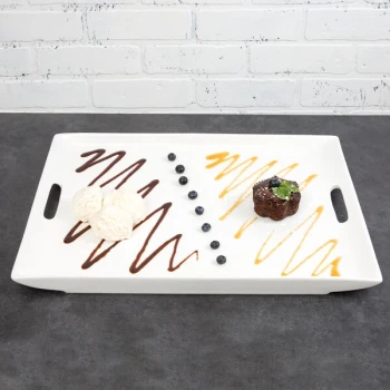 10 Strawberry Street WTR-20-15RECHNDL Whittier 19 7/8" x 14 3/4" White Rectangular Porcelain Platter with Handles - 4/Case