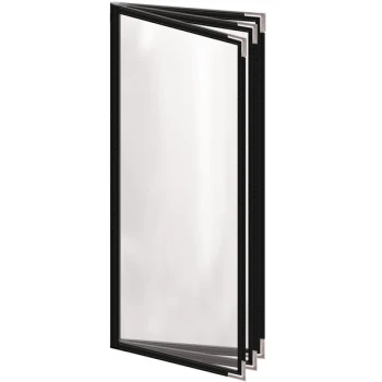 H. Risch, Inc. TETB Deluxe Sewn 4 1/4" x 11" Black 6 View Vinyl Menu Cover with Silver Smooth Corners and Gloss Finish