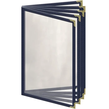H. Risch, Inc. TE-10V Deluxe Sewn 5 1/2" x 8 1/2" Blue 10 View Vinyl Menu Cover with Gold Decorative Corners and Gloss Finish