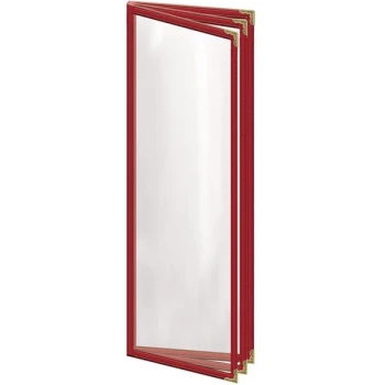 H. Risch, Inc. TETB Deluxe Sewn 4 1/4" x 14" Red 6 View Vinyl Menu Cover with Gold Decorative Corners and Gloss Finish
