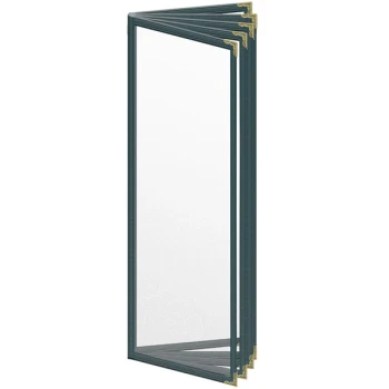 H. Risch, Inc. TE-10V Deluxe Sewn 4 1/4" x 14" Green 10 View Vinyl Menu Cover with Gold Decorative Corners and Matte Finish