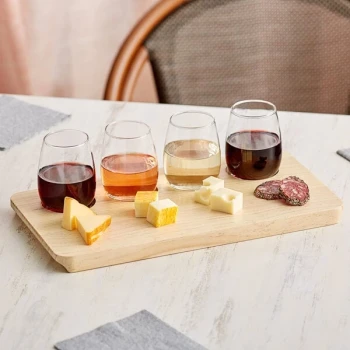 Acopa Natural Flight Tray with 6 oz. Stemless Wine Tasting Glasses - 3/Set