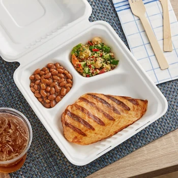 EcoChoice 8" x 8" x 3" Compostable White Plant Fiber 3 Compartment Take-Out Container - 50/Pack