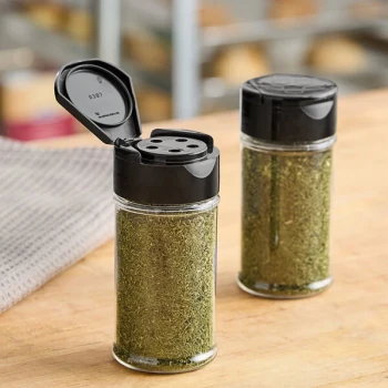 3.5 oz. Round Plastic Spice Container and 43/485 Black Unlined Flip and Sift Lid with 5 Holes - 640/Case