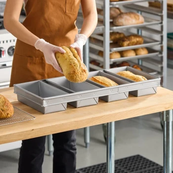 Baker's Lane 1 1/2 lb. 4-Strap Glazed Aluminized Steel Bread Loaf Pan - 10 inch x 5 inch x 3 inch