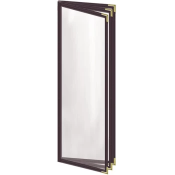 H. Risch, Inc. TETB Deluxe Sewn 4 1/4" x 14" Brown 6 View Vinyl Menu Cover with Gold Smooth Corners and Gloss Finish