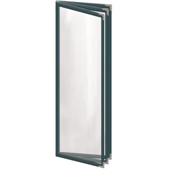 H. Risch, Inc. TETB Deluxe Sewn 4 1/4" x 14" Green 6 View Vinyl Menu Cover with Silver Decorative Corners and Gloss Finish
