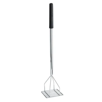 TableCraft 30" Chrome Plated Steel Square-Faced Potato/Bean Masher with Black Vinyl Handle 3155