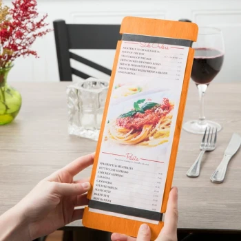 Menu Solutions WDRBB-BA Mandarin 4 1/4" x 11" Customizable Wood Menu Board with Rubber Band Straps