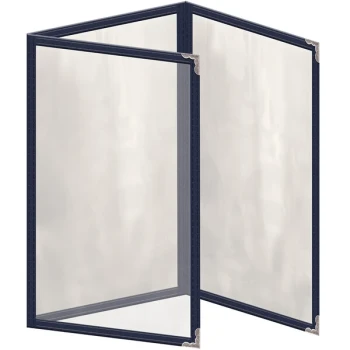 H. Risch, Inc. TET Deluxe Sewn 5 1/2" x 8 1/2" Blue 6 View Foldout Vinyl Menu Cover With Silver Decorative Corners and Gloss Finish