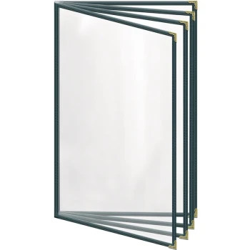 H. Risch, Inc. TEDD Deluxe Sewn 8 1/2" x 14" Green 8 View Menu Cover with Gold Decorative Corners and Gloss Finish