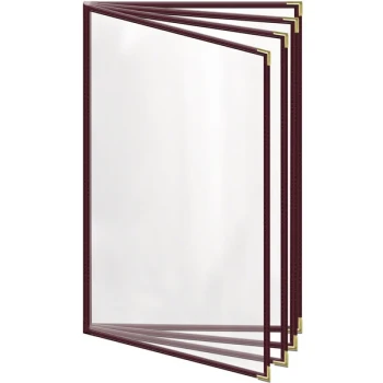 H. Risch, Inc. TEDD Deluxe Sewn 8 1/2" x 14" Maroon 8 View Menu Cover with Gold Smooth Corners and Gloss Finish