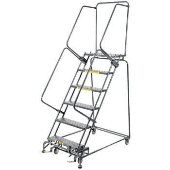 Ballymore M-2000 Series 6-Step Gray Steel Rolling Safety Ladder with Abrasive Mat Tread, 16" Wide Steps, and 21" Deep Top Step 062421R - 450 lb. Capacity