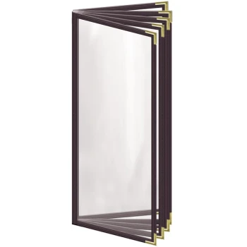 H. Risch, Inc. TE-10V Deluxe Sewn 4 1/4" x 11" Brown 10 View Vinyl Menu Cover with Gold Smooth Corners and Gloss Finish