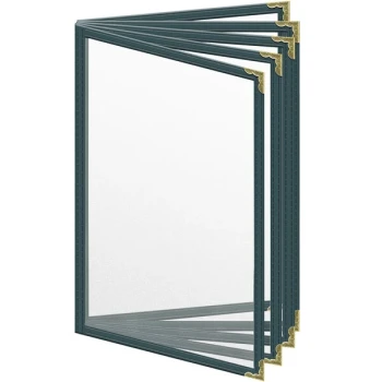 H. Risch, Inc. TE-10V Deluxe Sewn 5 1/2" x 8 1/2" Green 10 View Vinyl Menu Cover with Gold Decorative Corners and Matte Finish