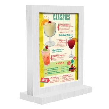 Menu Solutions WTFR-A 4" x 6" White Wash Framed Wood Menu Tent with Straight Base