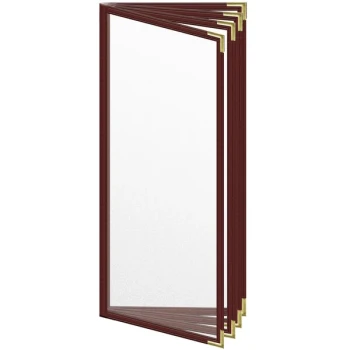 H. Risch, Inc. TEDD Deluxe Sewn 4 1/4" x 11" Maroon 8 View Menu Cover with Gold Smooth Corners and Matte Finish