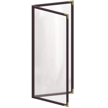 H. Risch, Inc. TED Deluxe Sewn 4 1/4" x 11" Brown 4 View Menu Cover with Gold Decorative Corners and Gloss Finish