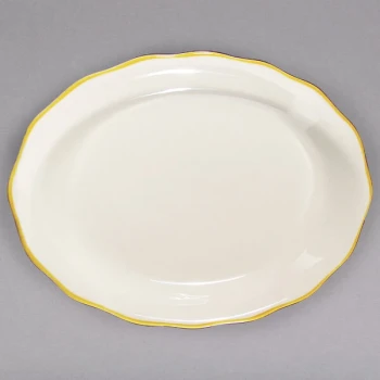CAC 12 5/8" x 9 1/4" Ivory (American White) Scalloped Edge China Platter with Gold Band - 12/Case