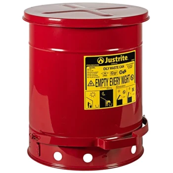 Justrite 10 Gallon Red Hands-Free Oily Waste Can