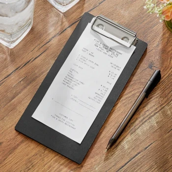Choice 4" x 8" Customizable Black Wood Color Menu Holder / Check Presenter with Clip