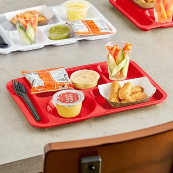 Choice 10" x 14" Left Handed Heavy-Duty Melamine NSF Red 6 Compartment Tray - 12/Pack