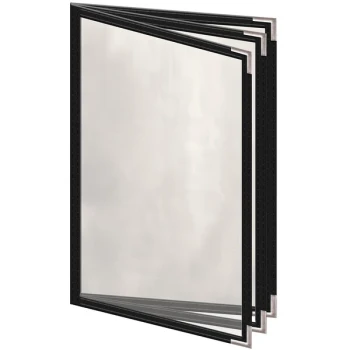 H. Risch, Inc. TETB Deluxe Sewn 5 1/2" x 8 1/2" Black 6 View Vinyl Menu Cover with Silver Smooth Corners and Gloss Finish