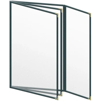 H. Risch, Inc. TETBQ Deluxe Sewn 8 1/2" x 14" Green 8 View Vinyl Menu Cover with Gold Smooth Corners and Matte Finish