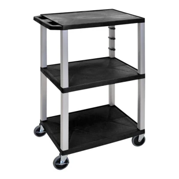 Luxor Tuffy 24" x 18" x 42 1/2" Black / Nickel Plastic 3-Shelf Powered Utility Cart with Heavy-Duty Casters, Electrical Assembly, and Cord Storage UCPL1E-N