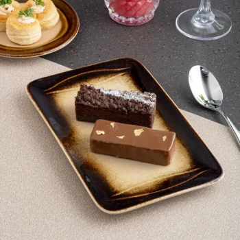 Ariane Sahara 8 1/4" x 5 1/8" Brown Rectangular Embossed Wide Rim Porcelain Platter - 6/Case
