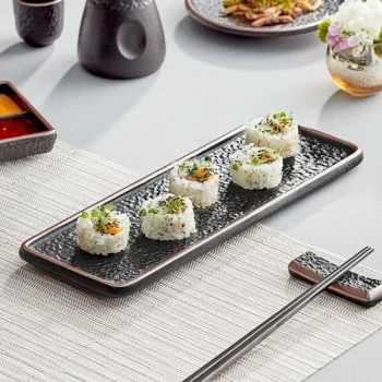 Acopa Heika 12 3/8" x 4 1/2" Black Matte Textured Rectangular Flat Stoneware Plate - 12/Case