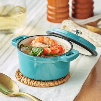 Valor 8 oz. Aqua Sky Enameled Mini Cast Iron Pot with Cover