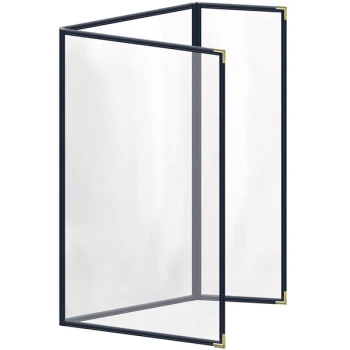 H. Risch, Inc. TEDQ Deluxe Sewn 8 1/2" x 14" Blue 6 View Menu Cover with Gold Smooth Corners and Glossy Finish